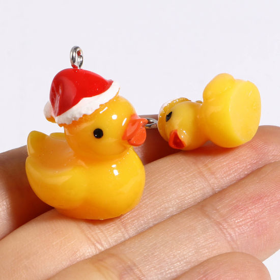 Picture of Resin Charms Duck Animal Christmas Hats Silver Tone Orange 5 PCs