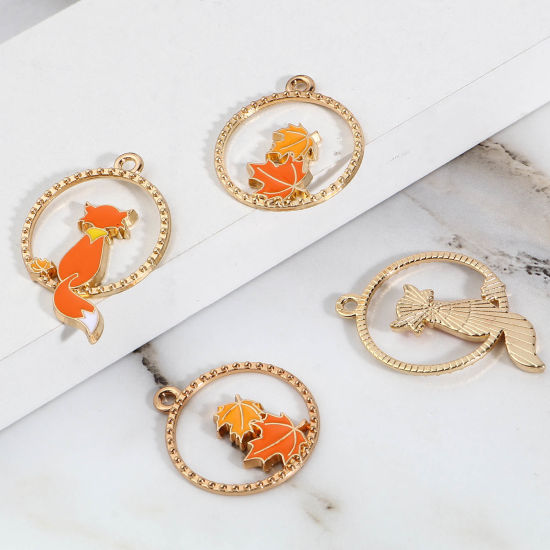 Immagine di Lega di Zinco Charms Volpe Oro Placcato Multicolore Foglia d'Acero Smalto 10 Pz