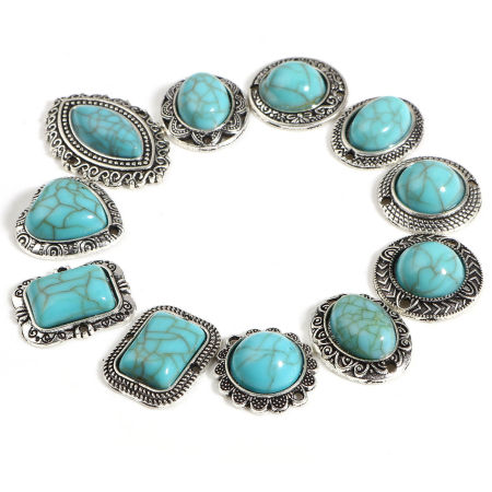 Zinc Based Alloy & Acrylic Boho Chic Bohemia Connectors Antique Silver Color Green Blue Imitation Turquoise 10 PCs