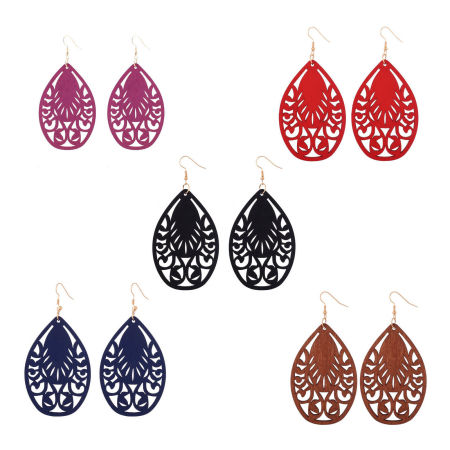 Natürliches Holz Ohrring Bunt Tropfen Filigran 7.5cm x 3.5cm, 1 Paar