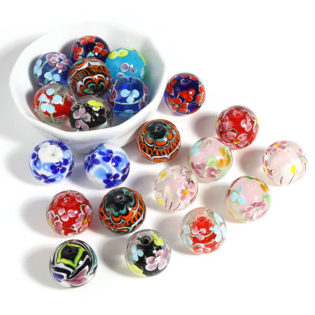 Lampwork Glass Beads Round Multicolor Flower About 20mm Dia, Hole: Approx 2.1mm, 1 Piece