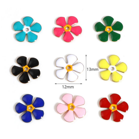 Bild von Messing Emaillierte Pailletten Zwischenperlen Spacer Blumen Vergoldet Bunt Emaille ca. 13mm x 12mm, Loch:ca. 1.5mm, 5 Stück