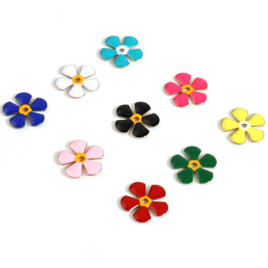 Bild von Messing Emaillierte Pailletten Zwischenperlen Spacer Blumen Vergoldet Bunt Emaille ca. 13mm x 12mm, Loch:ca. 1.5mm, 5 Stück