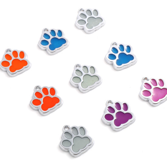 Picture of Zinc Based Alloy Pet Memorial Charms Paw Claw Silver Tone Multicolor Glow In The Dark Luminous 18mm x 17mm, 10 PCs