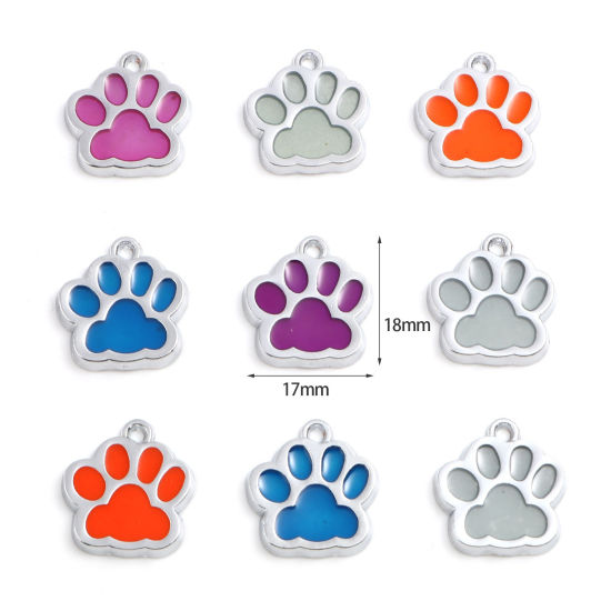 Picture of Zinc Based Alloy Pet Memorial Charms Paw Claw Silver Tone Multicolor Glow In The Dark Luminous 18mm x 17mm, 10 PCs