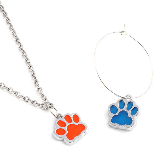 Picture of Zinc Based Alloy Pet Memorial Charms Paw Claw Silver Tone Multicolor Glow In The Dark Luminous 18mm x 17mm, 10 PCs