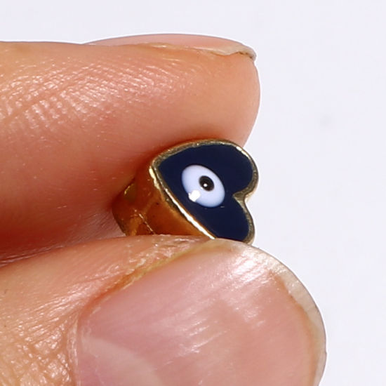亜鉛合金 メタル 金属 宗教 スペーサー ビーズ ハート 金メッキ 多色 邪眼彫刻 エナメル 約8mm x 7mm、 穴：約1.8mm、 10 個 の画像