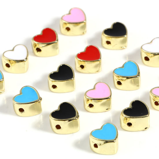 Immagine di Lega di Zinco San Valentino Perline Cuore Oro Placcato Multicolore Smalto Circa 8mm x 8mm, Foro:Circa 1.5mm, 10 Pz