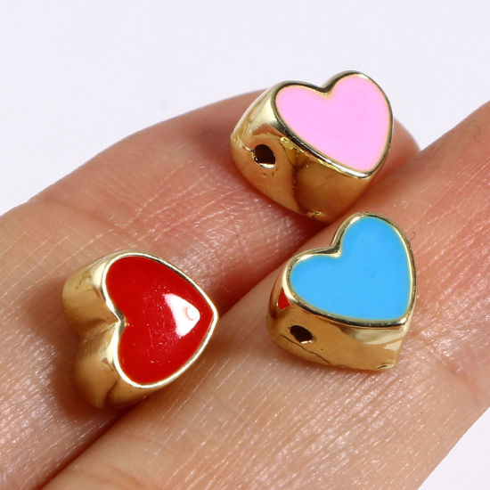 Immagine di Lega di Zinco San Valentino Perline Cuore Oro Placcato Multicolore Smalto Circa 8mm x 8mm, Foro:Circa 1.5mm, 10 Pz