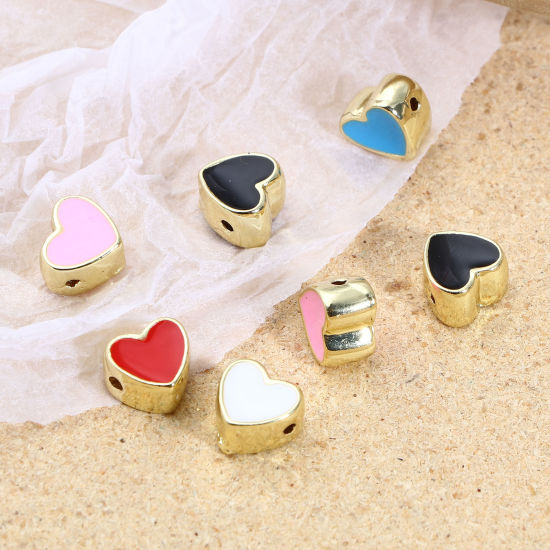 Immagine di Lega di Zinco San Valentino Perline Cuore Oro Placcato Multicolore Smalto Circa 8mm x 8mm, Foro:Circa 1.5mm, 10 Pz