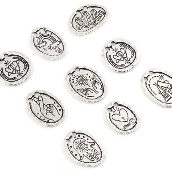 Immagine di Lega di Zinco Tempo Collezione Charms Ovale Argento Antico Arcobaleno 10 Pz