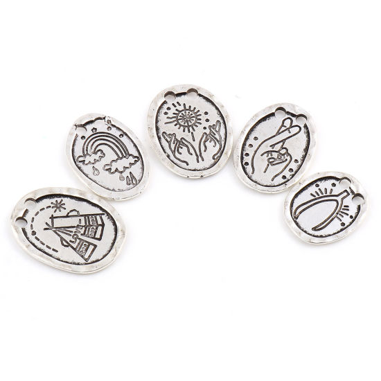 Immagine di Lega di Zinco Tempo Collezione Charms Ovale Argento Antico Arcobaleno 10 Pz