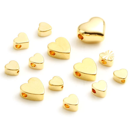 Brass Valentine's Day Beads 18K Real Gold Plated Heart 10 PCs
