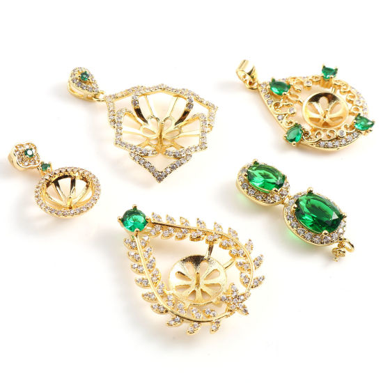 Picture of Brass Micro Pave Pearl Pendant Connector Bail Pin Cap 18K Real Gold Plated Clear Rhinestone Green Cubic Zirconia 1 Piece