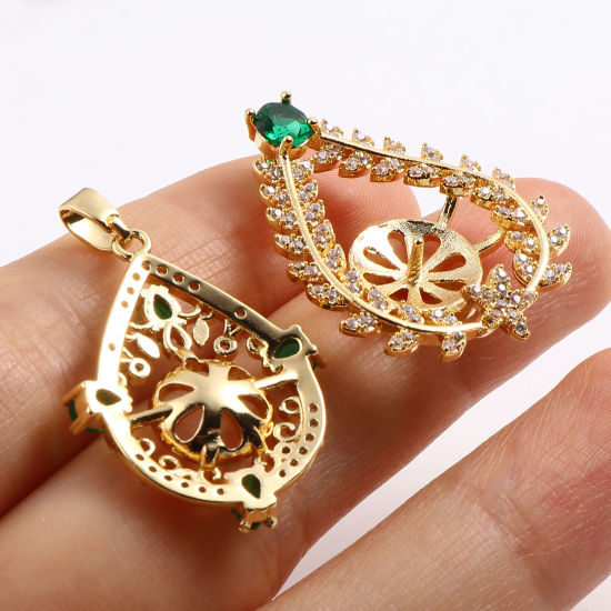 Picture of Brass Micro Pave Pearl Pendant Connector Bail Pin Cap 18K Real Gold Plated Clear Rhinestone Green Cubic Zirconia 1 Piece