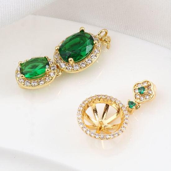 Picture of Brass Micro Pave Pearl Pendant Connector Bail Pin Cap 18K Real Gold Plated Clear Rhinestone Green Cubic Zirconia 1 Piece