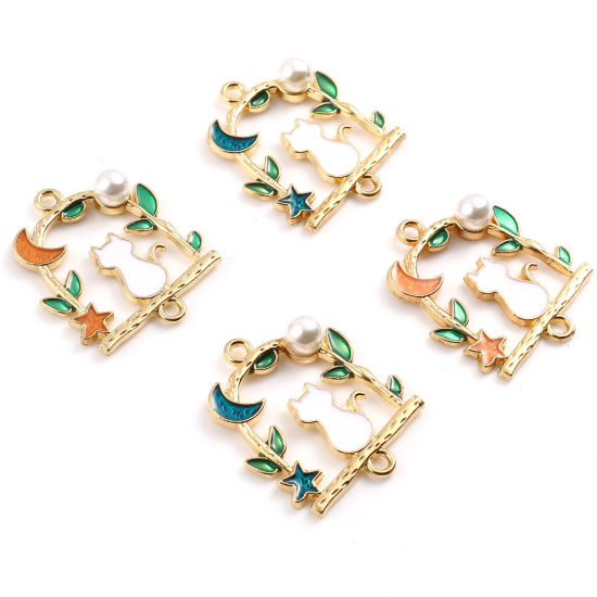 Imagen de Zamak Conectores De arco Chapado en Oro Multicolor Gato Imitación de perla 27mm x 23mm, 10 Unidades