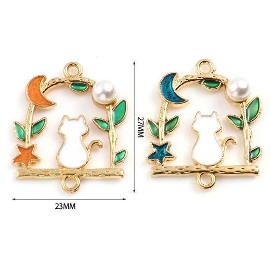 Imagen de Zamak Conectores De arco Chapado en Oro Multicolor Gato Imitación de perla 27mm x 23mm, 10 Unidades