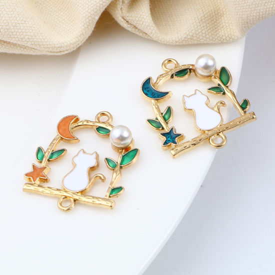 Imagen de Zamak Conectores De arco Chapado en Oro Multicolor Gato Imitación de perla 27mm x 23mm, 10 Unidades