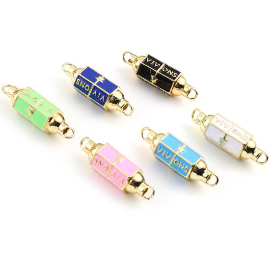 Imagen de Latón Conectores Prisma Hexagonal Chapado en Oro Multicolor Estrellas de cinco puntos Mensaje " VIVONS " Esmalte 36mm x 12mm, 1 Unidad