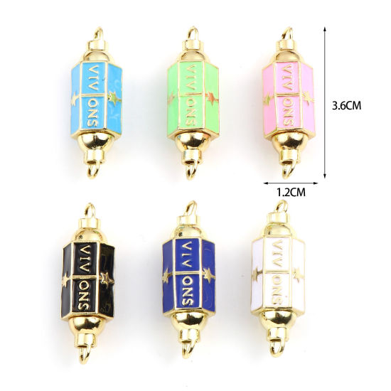 Imagen de Latón Conectores Prisma Hexagonal Chapado en Oro Multicolor Estrellas de cinco puntos Mensaje " VIVONS " Esmalte 36mm x 12mm, 1 Unidad