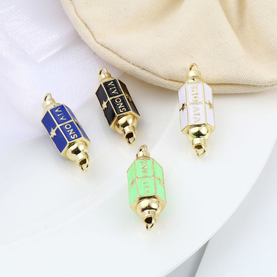 Imagen de Latón Conectores Prisma Hexagonal Chapado en Oro Multicolor Estrellas de cinco puntos Mensaje " VIVONS " Esmalte 36mm x 12mm, 1 Unidad
