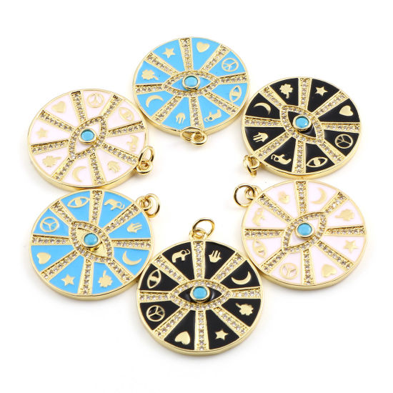 Изображение Латунь религия Подвески Позолоченный Разноцветный Круглые Рука Хамса Символ Бижутерия усыпанная мелким фианит 1 ШТ