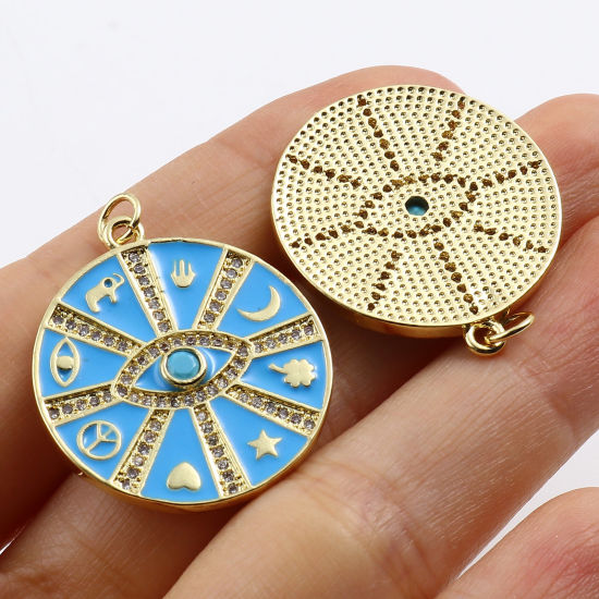 Изображение Латунь религия Подвески Позолоченный Разноцветный Круглые Рука Хамса Символ Бижутерия усыпанная мелким фианит 1 ШТ