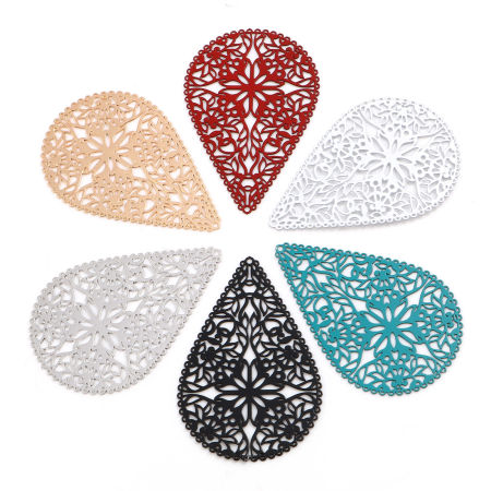 Eisenlegierung Filigran Stempel Verzierung Anhänger Tropfen Bunt Filigran Spritzlackierung 40mm x 27mm, 10 Stück