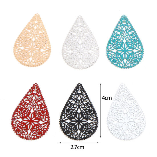 Bild von Eisenlegierung Filigran Stempel Verzierung Anhänger Tropfen Bunt Filigran Spritzlackierung 40mm x 27mm, 10 Stück