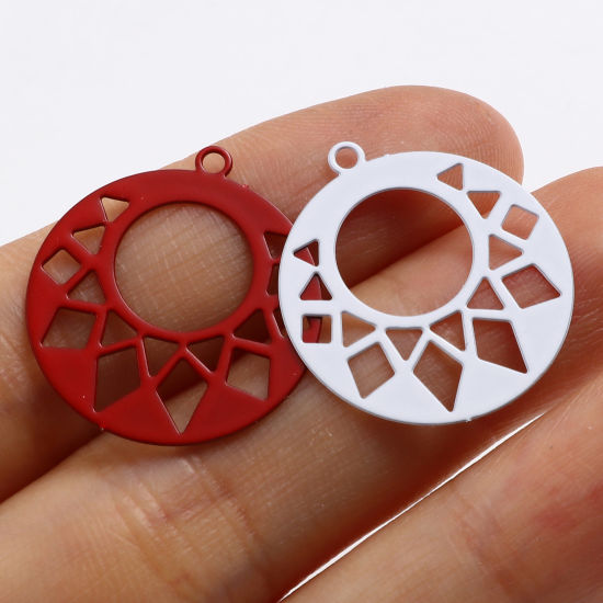 Immagine di Lega di Ferro Filigree Stamping Charms Tondo Multicolore Geometria Pittura 22mm x 20mm , 20 Pz