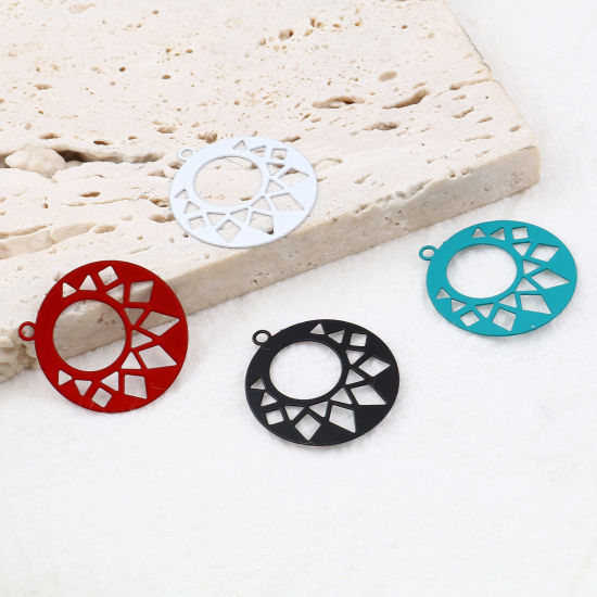 Immagine di Lega di Ferro Filigree Stamping Charms Tondo Multicolore Geometria Pittura 22mm x 20mm , 20 Pz