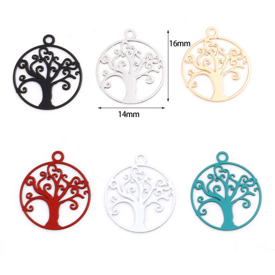 Image de Breloques Estampe en Filigrane en Alliage de Fer Rond Multicolore Arbre de Vie 16mm x 14mm, 50 Pcs