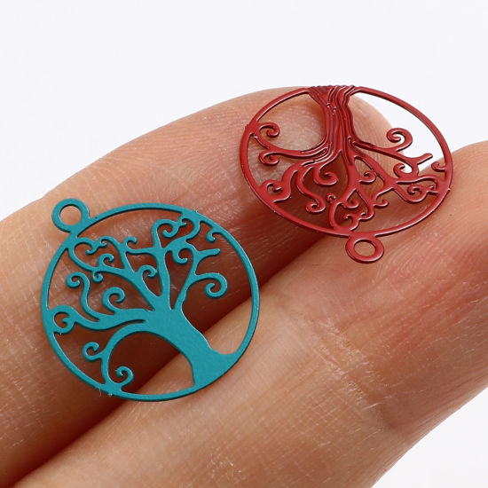 Image de Breloques Estampe en Filigrane en Alliage de Fer Rond Multicolore Arbre de Vie 16mm x 14mm, 50 Pcs
