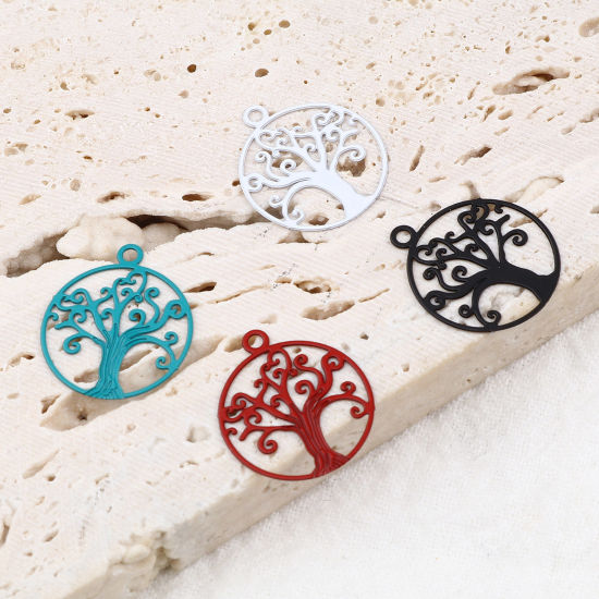Image de Breloques Estampe en Filigrane en Alliage de Fer Rond Multicolore Arbre de Vie 16mm x 14mm, 50 Pcs