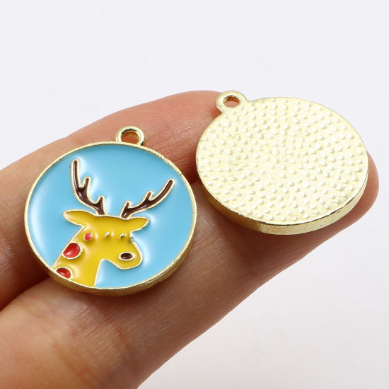 Immagine di Lega di Zinco Charms Tondo Oro Placcato Multicolore Cervo Smalto 23mm x 20mm , 10 Pz