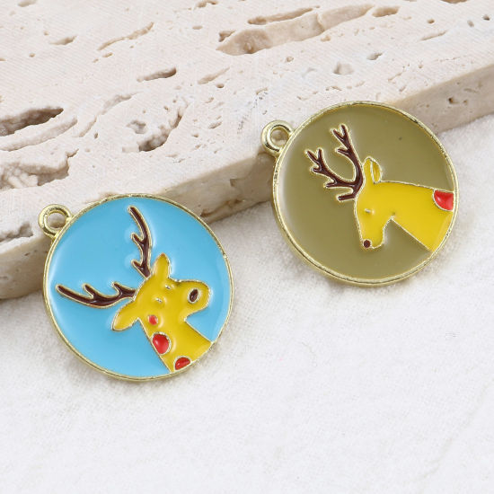 Immagine di Lega di Zinco Charms Tondo Oro Placcato Multicolore Cervo Smalto 23mm x 20mm , 10 Pz