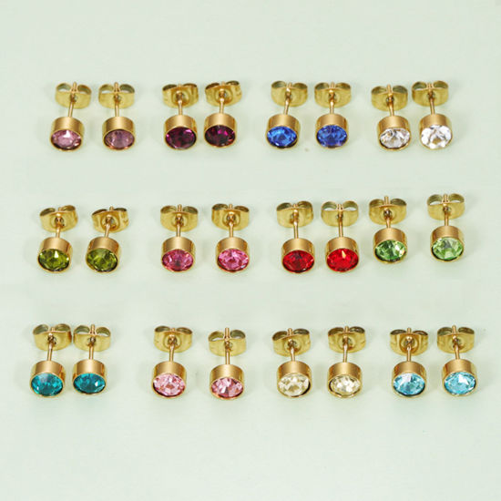 Picture of Stainless Steel Birthstone Ear Post Stud Earrings Multicolor Round 15mm x 7mm, 1 Pair