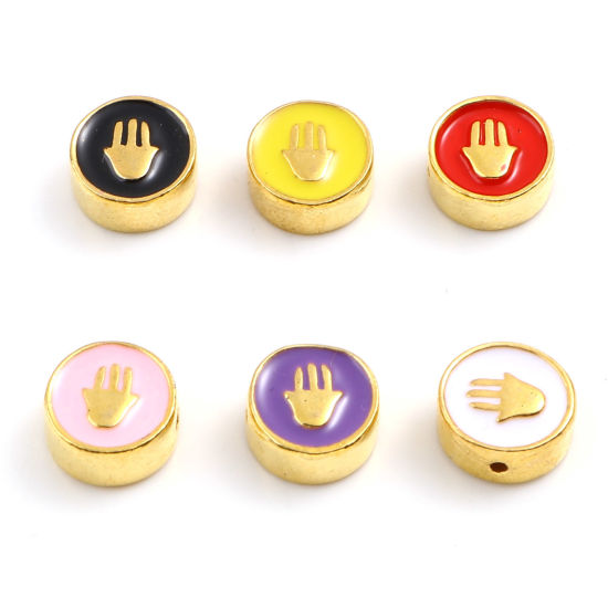 Immagine di Lega di Zinco Religione Perline Tondo Piatto Oro Placcato Multicolore Mano Simbolo di Hamsa Scolpisce Smalto Circa 10mm Dia, Foro:Circa 1.3mm, 10 Pz