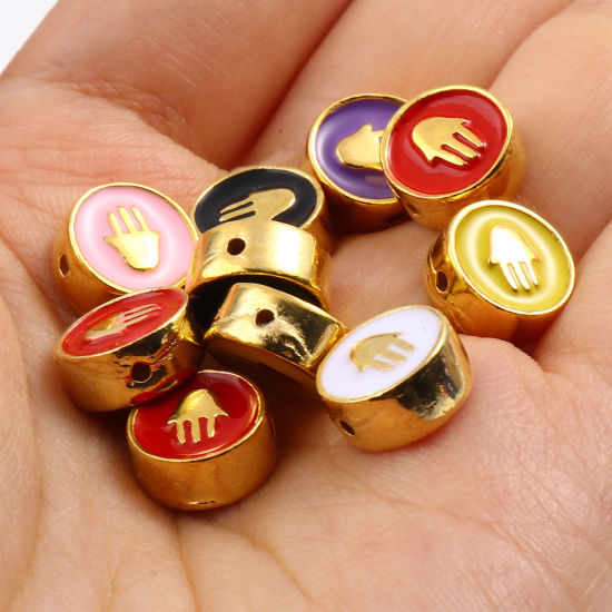 Immagine di Lega di Zinco Religione Perline Tondo Piatto Oro Placcato Multicolore Mano Simbolo di Hamsa Scolpisce Smalto Circa 10mm Dia, Foro:Circa 1.3mm, 10 Pz