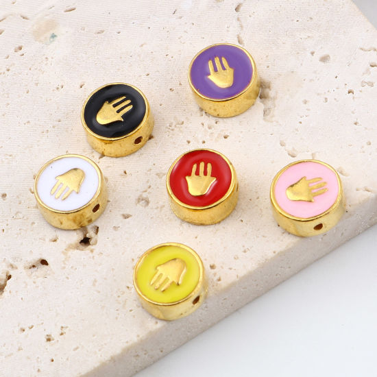 Immagine di Lega di Zinco Religione Perline Tondo Piatto Oro Placcato Multicolore Mano Simbolo di Hamsa Scolpisce Smalto Circa 10mm Dia, Foro:Circa 1.3mm, 10 Pz