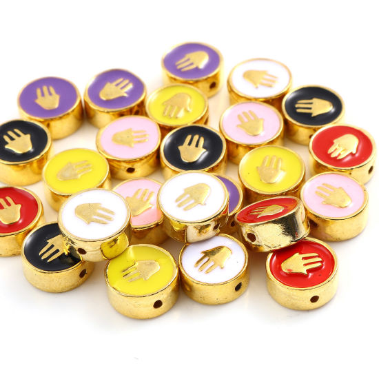 Immagine di Lega di Zinco Religione Perline Tondo Piatto Oro Placcato Multicolore Mano Simbolo di Hamsa Scolpisce Smalto Circa 10mm Dia, Foro:Circa 1.3mm, 10 Pz