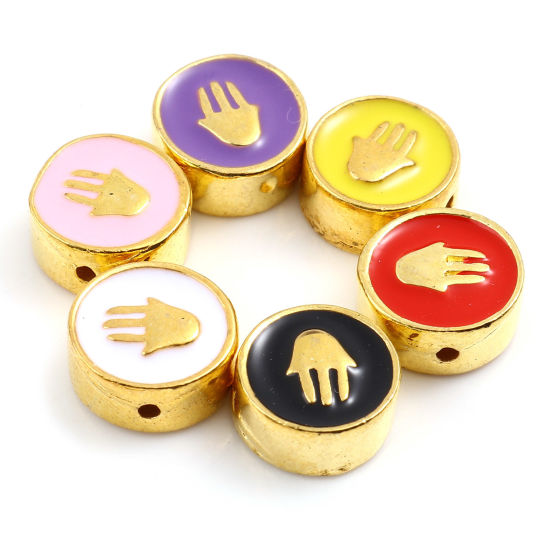 Immagine di Lega di Zinco Religione Perline Tondo Piatto Oro Placcato Multicolore Mano Simbolo di Hamsa Scolpisce Smalto Circa 10mm Dia, Foro:Circa 1.3mm, 10 Pz