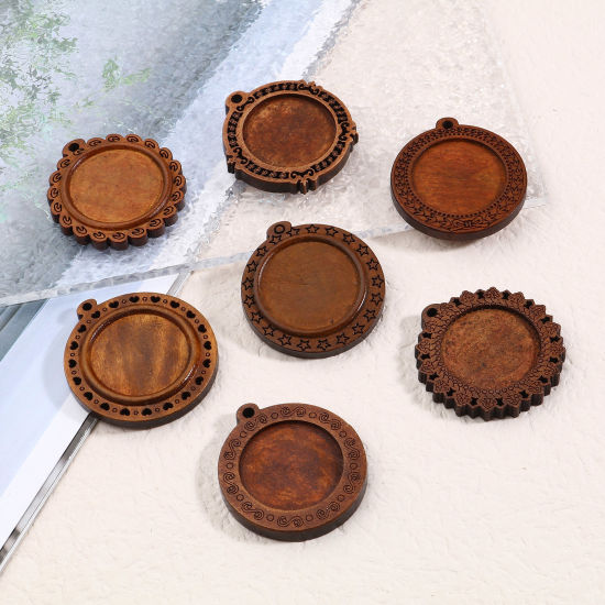 Изображение Wood Cabochon Settings Pendants Round Coffee 10 PCs