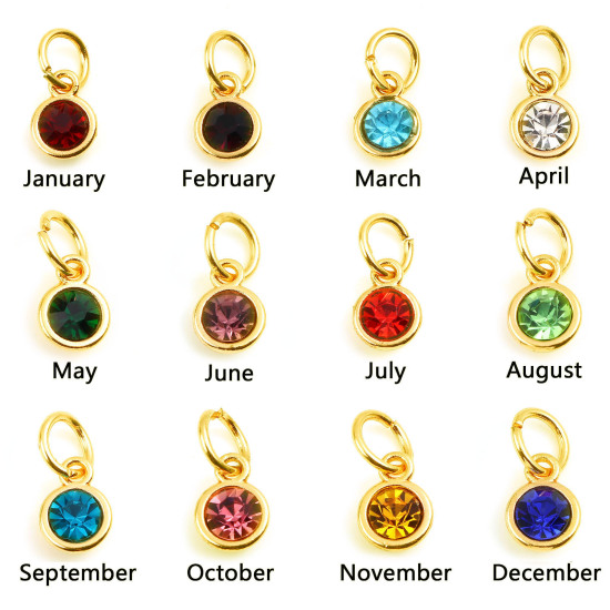 Picture of Zinc Based Alloy & Glass Birthstone Charms Round Gold Plated Multicolor 15mm x 7mm, 10 PCs