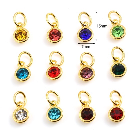 Picture of Zinc Based Alloy & Glass Birthstone Charms Round Gold Plated Multicolor 15mm x 7mm, 10 PCs