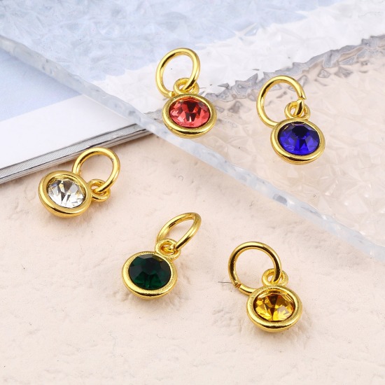 Picture of Zinc Based Alloy & Glass Birthstone Charms Round Gold Plated Multicolor 15mm x 7mm, 10 PCs