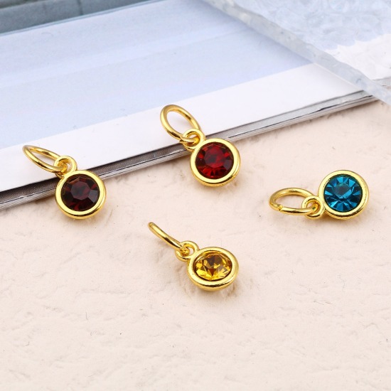 Picture of Zinc Based Alloy & Glass Birthstone Charms Round Gold Plated Multicolor 15mm x 7mm, 10 PCs