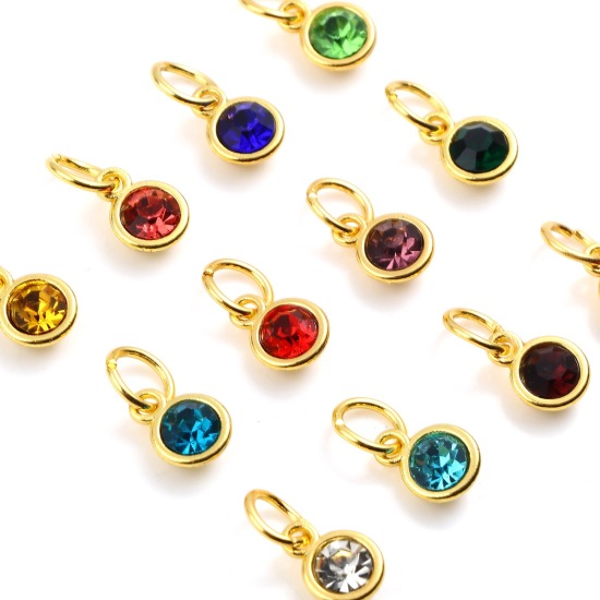 Picture of Zinc Based Alloy & Glass Birthstone Charms Round Gold Plated Multicolor 15mm x 7mm, 10 PCs