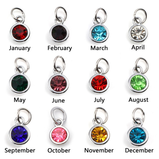 Image de Breloques Pierres de Naissance en Alliage de zinc+Verre Rond Argent Mat Multicolore 14mm x 7mm, 10 Pcs